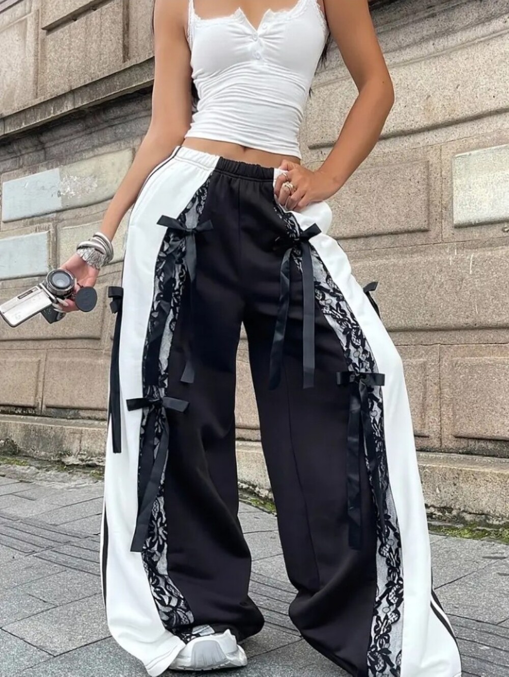 Women's Y2K Vintage Wide-Leg -Line Pants with Bow & colorblock (black)
